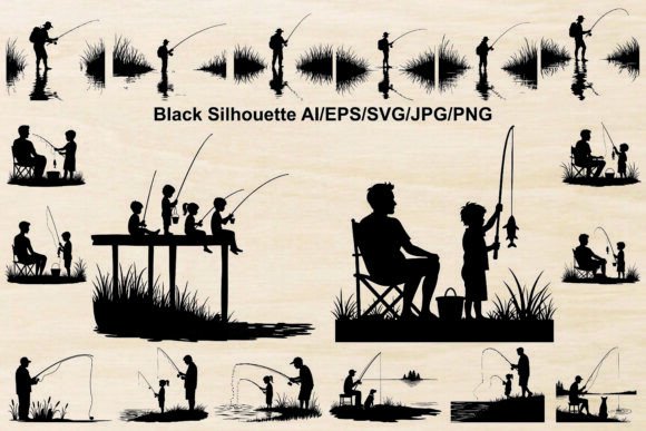 Download Set of Father and Son Fishing Silhouette - Set Collection