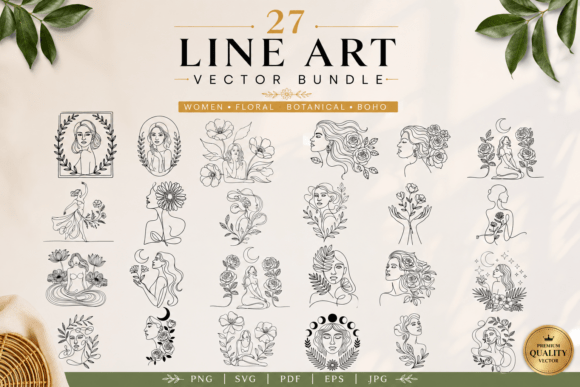 Download 27 Women Floral Line Art Bundle - Bundle Collection