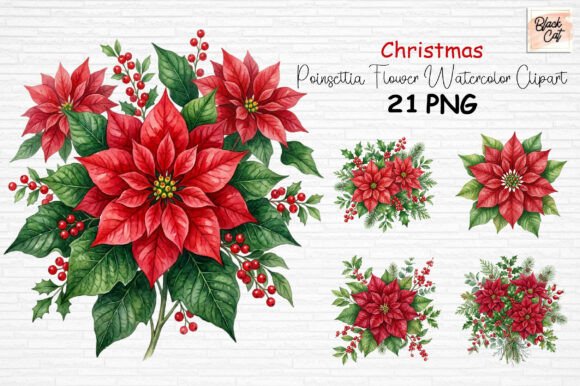 Download Christmas Poinsettia Flower Clipart PNG - Set Collection