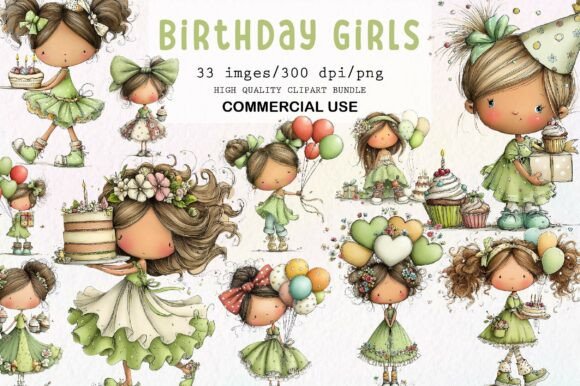 Download Whimsical Birthday Girls Clipart Set - Set Collection