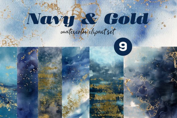 Download Navy &amp; Gold Watercolor Textures PNG Set - Set Collection